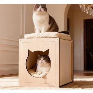 Wooden Cat beds for Indoor Cats,Large Double Cat House Cave with 2 Soft Cushion,Warm Cozy Pet Hideaway for Kittens & Big Cats,17.7"x16.9"x19.68" Natural