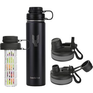 Sports Water Bottle - 24 oz - Leak Proof, 18/8 grade Durable Double Walled Stainless Steel Bottles with Infuser Lid, New 2 in 1 Lid (Black)
