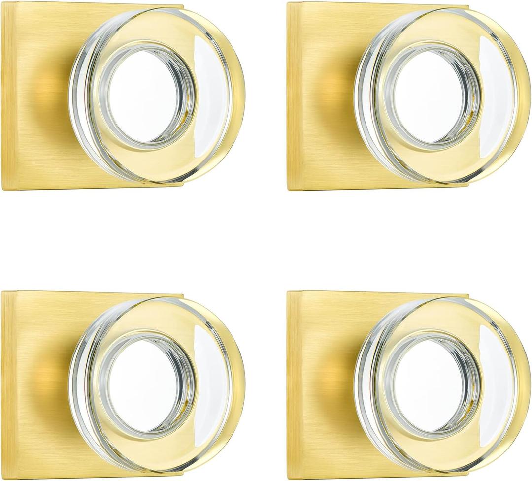 coolnews 4 Pack Crystal Glass Dummy Door Knobs for Hall Closet, Satin Brass Finish