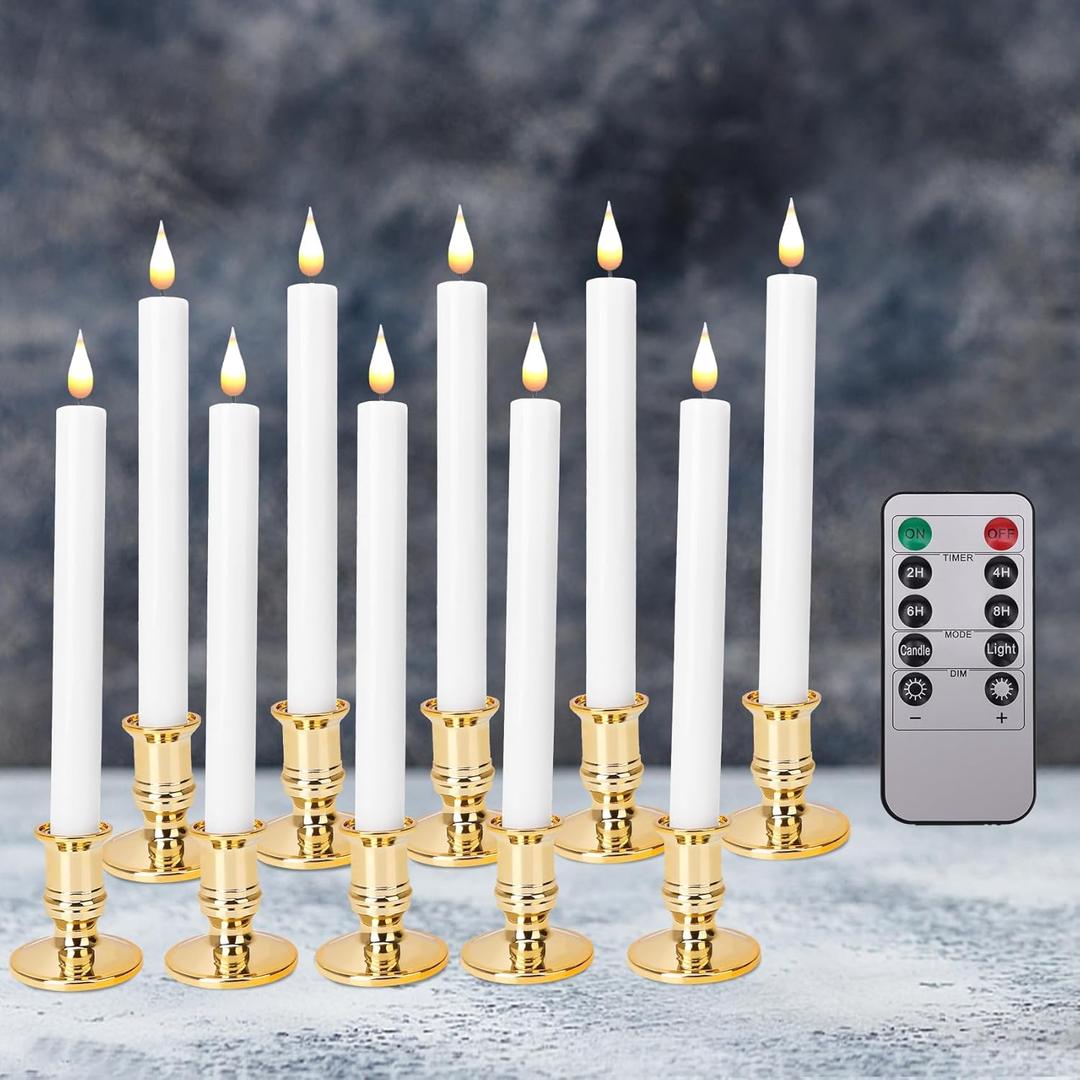 POQCCT LED Flameless Window Candles with Remote Timer 10 PCS Battery Operated Flickering Taper Candle Lights with Removable Gold Candle Holders Best Gift for Xmas Wedding Home Dinner Decor