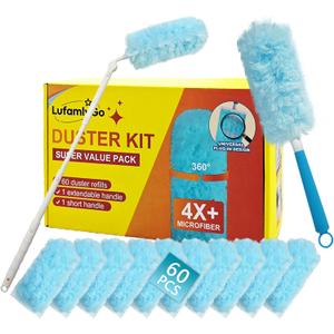 60PCS Fluffy 360 Heavy Duty Duster Refills fits Swiffer Duster, 4X Dust Capture Power, Unscented Disposable Electrostatic Dusters with 3ft Extended Handle for Furniture, Electronics, Blinds (Blue)