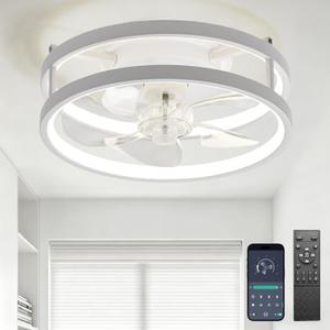 13" Small Ceiling Fan with Light with Remote Low Profile Flush Mount Modern Fandalier, LED Fan Light, Compact Ceiling Fans Lighting for Bedroom Small Room White