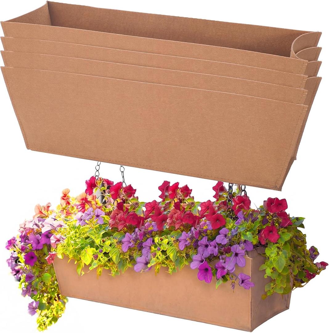 4 Pcs 30 Inch Fabric Plant Window Box Liners Rectangle Non-Woven Planter Basket Liner Insert Brown for Outdoor Garden Fence Wall Railing Hanging Flower Pot, Moisture Retention