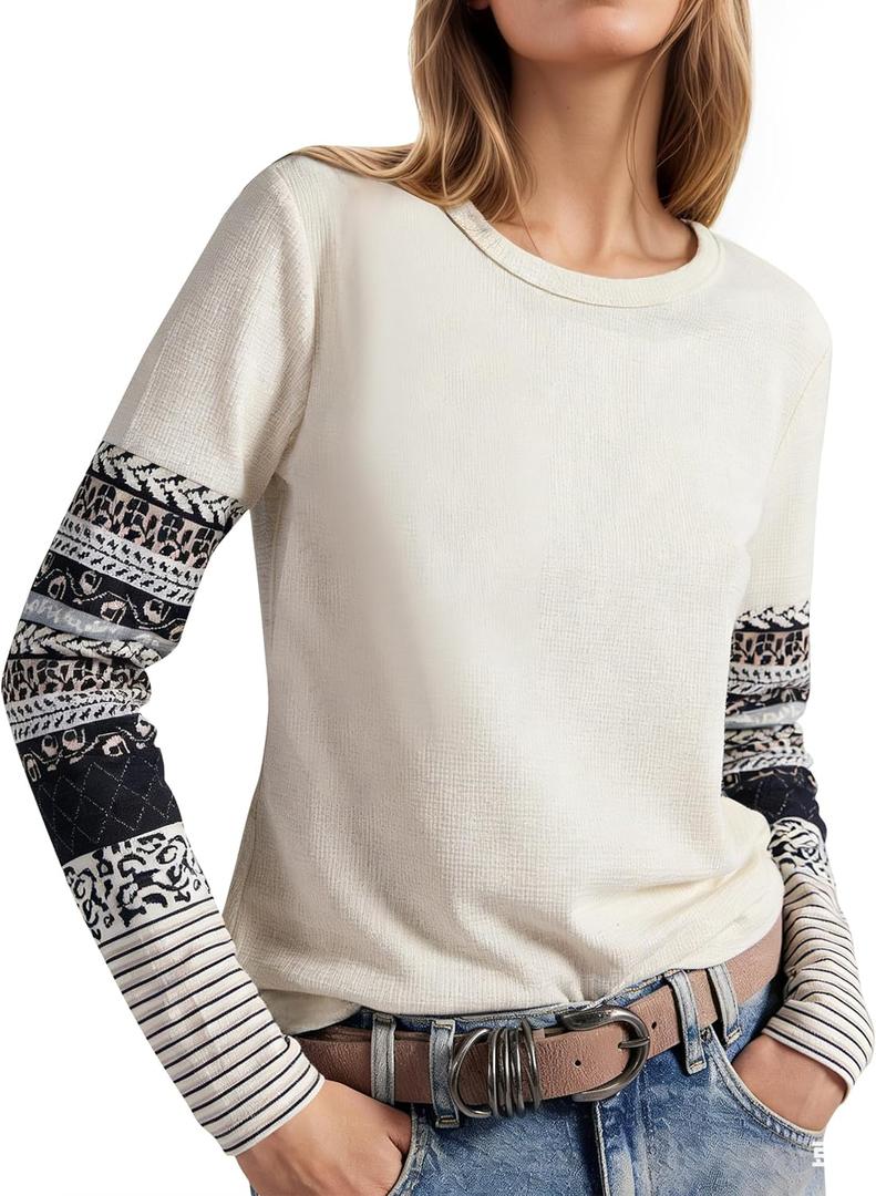 Women's Waffle Knit Tops Thumb Hole Floral Cuffs Long Sleeve Shirts Casual Crew Neck Slim Fit Pullover Shirts (L)