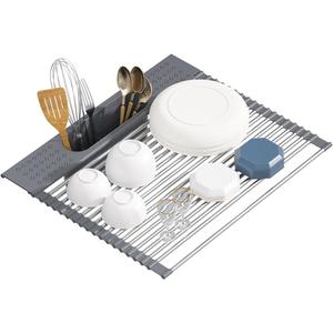 Roll Up Dish Drying Rack Over Sink, 17.5" x 15.2" Foldable SUS304 Stainless Steel Kitchen Dish Drainer, Heat-Resistant Multipurpose Rolling Sink Rack Organizer,Grey