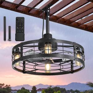 LEDIARY 22" Outdoor Ceiling Fans with Light, Waterproof Gazebo Fan with Hanging Hook, Plug in Ceiling Fan with Remote,Caged Ceiling Fan with 6 Speed Timer for Patio, Porch, Pergola, Black