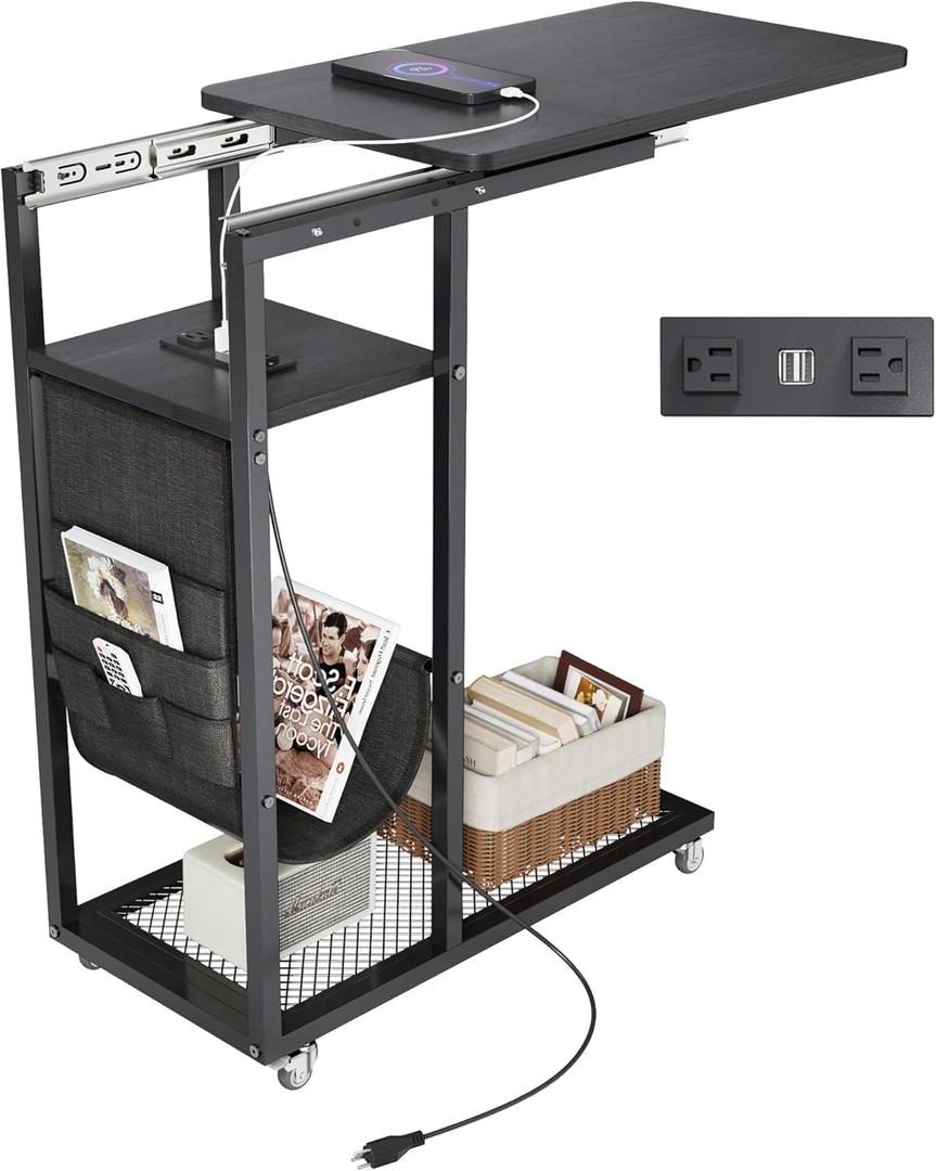Colima C Shaped End Table with Charging Station (Black, Extra Large)