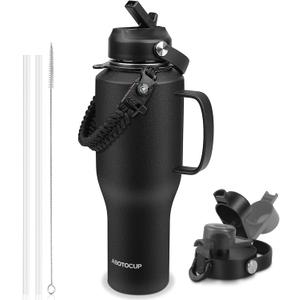Water Bottle 40oz, Insulated Water Bottle with Handle & Straw Lids, Stainless Steel Water Bottles Fits in Any Car Cup Holder, Travel Cup Double Wall BPA-Free Leak-proof to Keep Cold &Hot (Black)