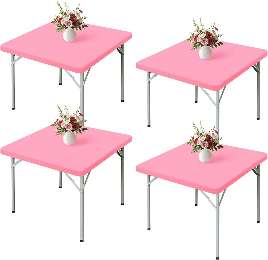 Wolkemer 4 Pack Pink Fitted Tablecloth 34x34 Inch Square Elastic Edges Table Cloth, Spandex Stretch Table Cover with Machine Washable Fabric for Wedding Party Picnic Dining Indoor Outdoor