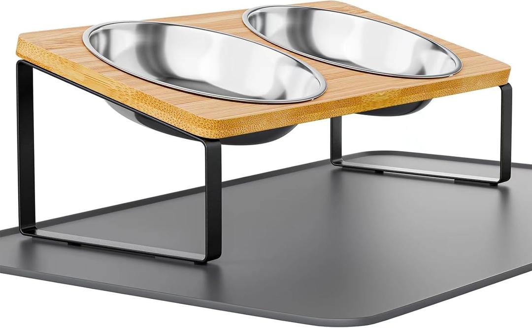 Elevated Cat Bowls Whisker Friendly,Cat Food Bowls with Silicone Food Mat,15Tilted Stand Anti Vomiting Raised Cat Dishes for Food and Water,2 Stainless Steel Bowls for Cats and Puppy, Bamboo