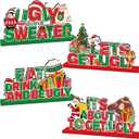 4Pcs Ugly Sweater Christmas Party Decorations Wooden Table Centerpiece Ugly Sweater Party Table Decorations Lets Get Ugly Tabletop Tiered Tray Decor for Holiday Xmas Party Supplies