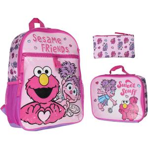 INTIMO Sesame Street Friends Elmo Abby Cadabby 3 PC Backpack Lunch Box Pencil Pouch 16", One Size