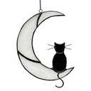 Black Cat Decor On White Moon Stained Glass Window Hanging Suncatcher for Windows Panels Sun Catcher Halloween Ornament Decoration Memorial Gift for Lover Cat Loss