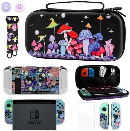 GLDRAM Magical Mushroom Carrying Case for Nintendo Switch Durable Travel Storage Bag with Glittery Protective Skin Cover Shell & HD Utral Screen Protector & Shoulder Strap & Thumb Caps for Boys Girls