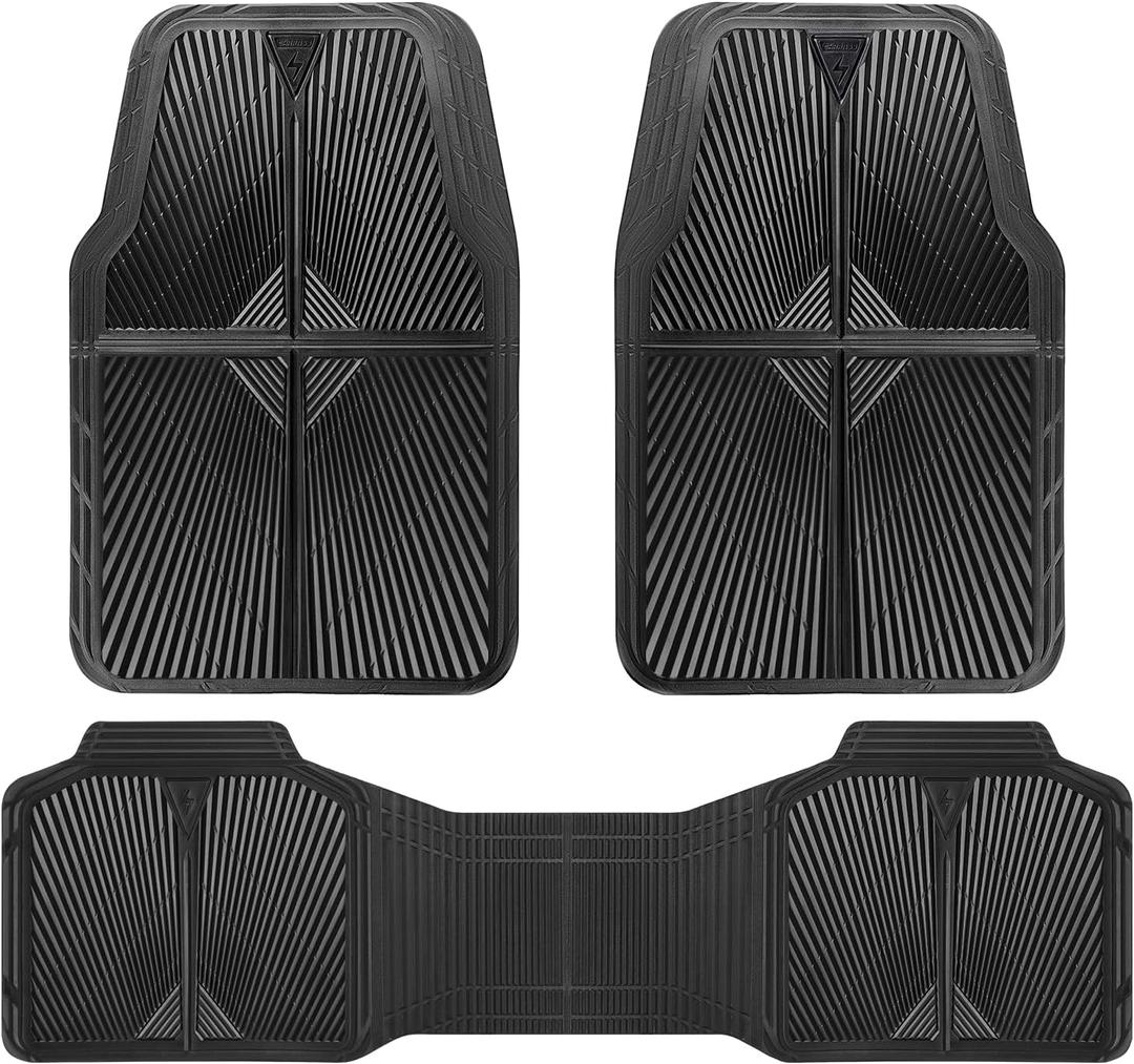 CAR PASS Rubber Floor Mats, All Weather Waterproof Trim-to-Fit Automotive Mats for Cars Trucks SUV, Anti-Slip Easy Clean, Heavy Duty Full Set 3-Piece, All Black
