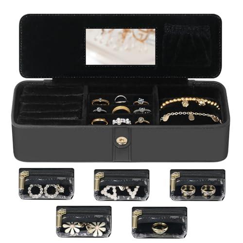 HOMEHIVE Travel Jewelry Organizer Box – Leather Jewelry Case Gift for Women and Girls – Jewelry Organizer and Storage with 5 Anti-Tarnish Velvet Pouches & Mirror – Portable for Trips and Daily Use, Black