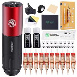 Dragonhawk A1 Beginner Tattoo Kit Wireless Complete Pro Tattoo Gun Pen Machine Kit, Cartridges Tattoo Machine Needles Red Color