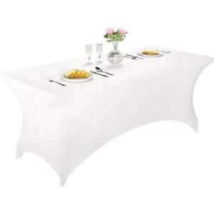LZY Spandex Fitted Stretch Table Cover for 6 ft or 4ft or 8ft Folding Table, Rectangular Cocktail Tablecloth, Perfect for Party or Banquet (6FT White)