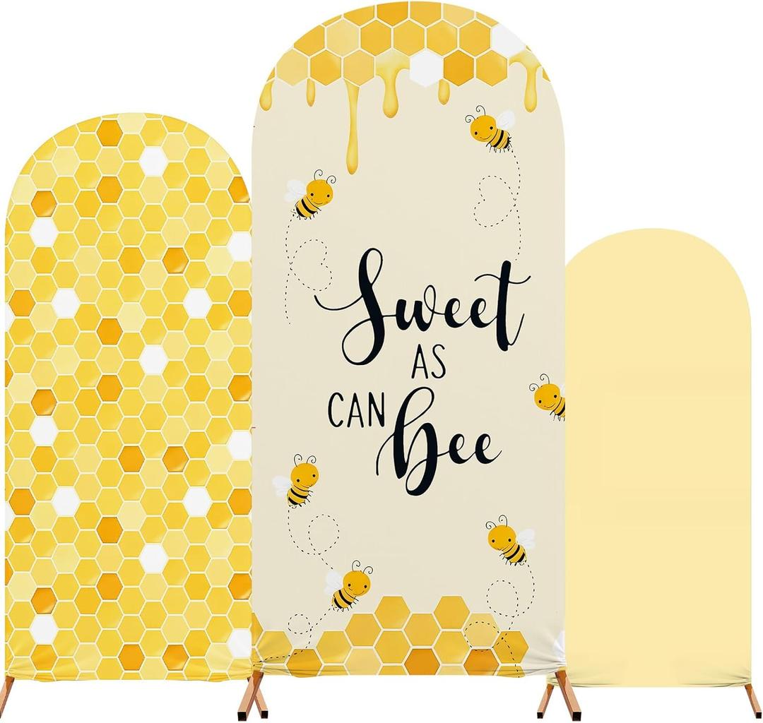 Honey Bee Birthday Party Decoration Set of 3 Arch Cover Spandex Fitted Wedding Arch Stand Covers for Bee Theme Birthday Party, 4ft, 5ft, 6ft
