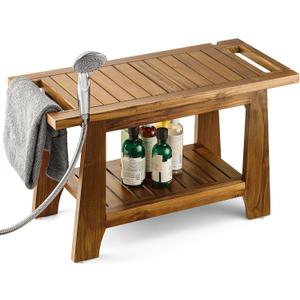 TINAMO 28" Solid Teak Shower Bench for Inside Shower with Storage Shelf | Solid Teak Wood, 375 LBS Capacity, Slatted Design, Built-in Storage Shelf & Handles, Non-Slip, Water-Resistant, Versatile