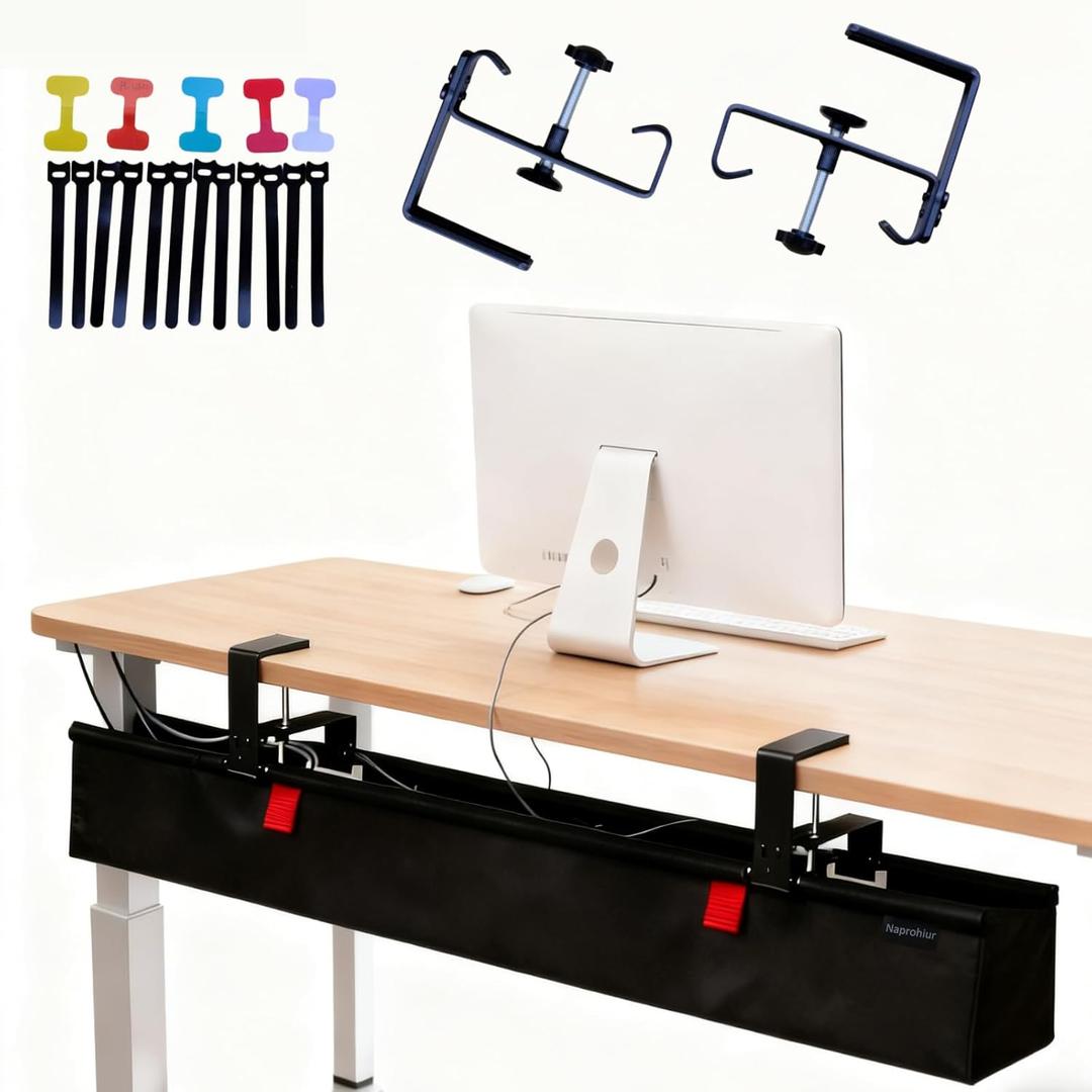 Under Desk Cable Management Tray, 36" Large No Drill Cord Organizer with Easy to Clean Oxford Fabric, Clamp On Power Stripe Holder for Home Office & Gaming Space to Hide Wires