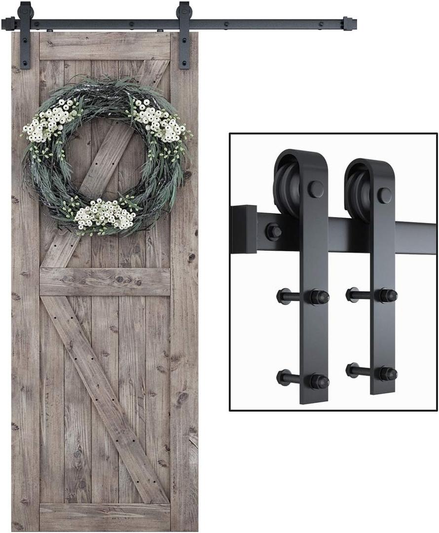 SMARTSTANDARD 5 Feet Heavy Duty Sturdy Sliding Barn Door Hardware Kit-Smoothly and Quietly-Includes Detailed Installation Fit 30" Wide Doorpanel (J Shape Hanger) Black