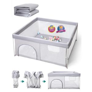 BABELIO Foldable Baby Playpen with Mat, 46"  46" Portable Playard for Babies and Toddlers, Parents' Picks Awards Winner, Indoor & Outdoor Kids Safety Play Pen Area, Travel Fence, Grey (46*46*26, Grey with Mat)