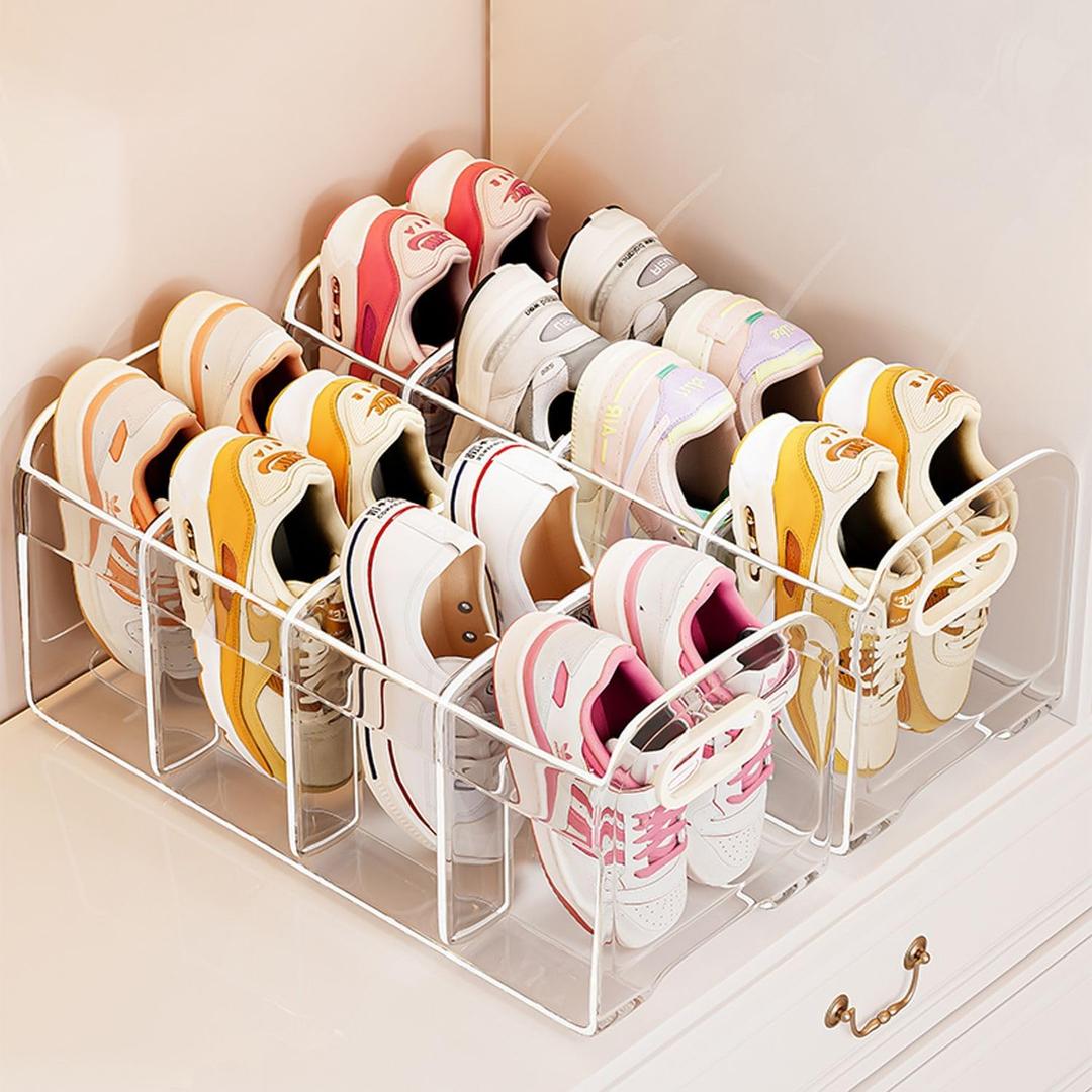 DBYANAN Acrylic Kids Shoe Rack for Closet 2 Pack Toddler Shoe Storage 4 Sections Kids Shoes Organizer Baby Shoe Rack Organizer Clear Small Shoe Shelf for Closet Entryway