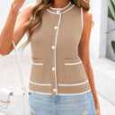 PRETTYGARDEN Vest For Women 2025 Summer Casual Button Down Color Block Sweater Vest Ribbed Knit Tank Tops With Pockets (Beige, M)