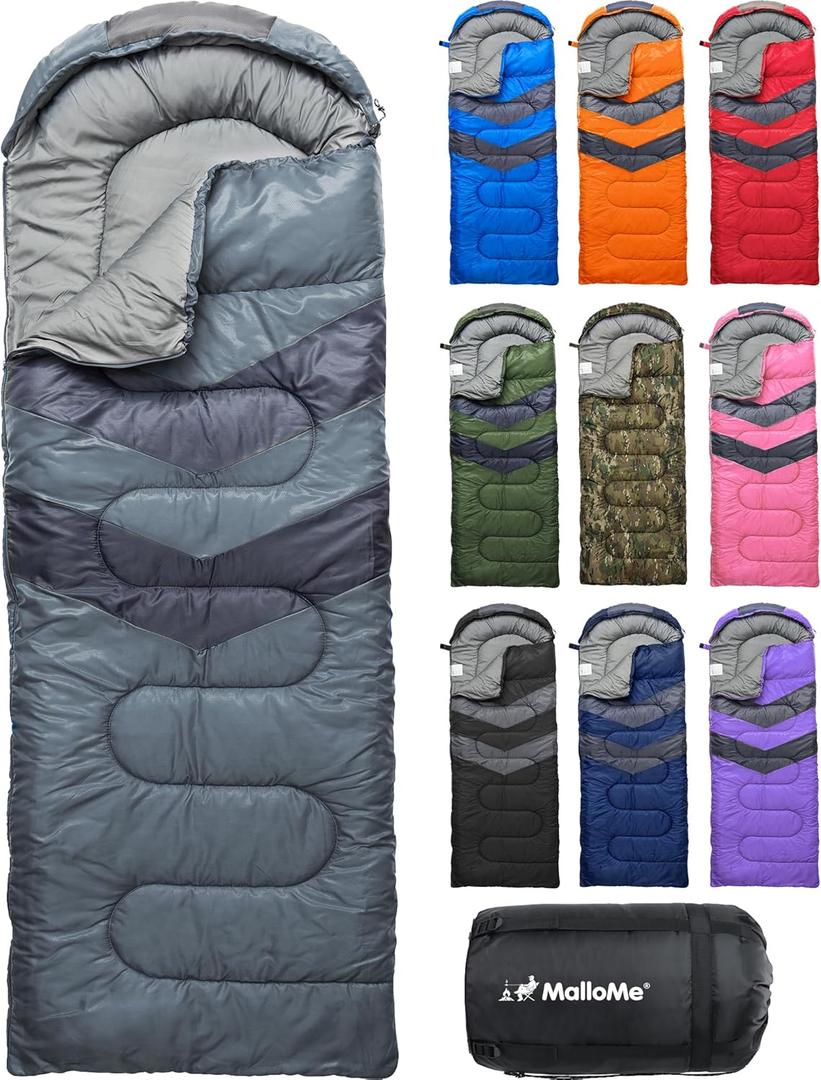 MalloMe Sleeping Bags for Adults Cold Weather & Warm - Backpacking Camping Sleeping Bag for Kids 10-12, Girls, Boys - Lightweight Compact Camping Essentials Gear Accessories Hiking Sleep Must Haves (Mountain Gray)