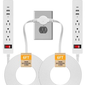 Split Extension Cord 12FT, Twin Flat Plug Power Strip with 6 AC Outlets and 6 USB Ports, 3 Prong Double Extension Cord for Behind Bed, Couch, Nightstands, Vanity and Furniture