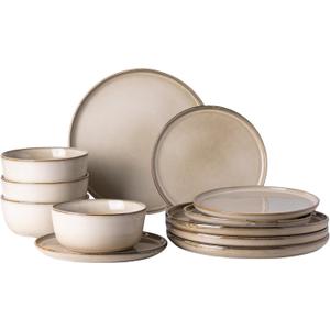 GBHOME Ceramic Dinnerware Sets for 4, 12 Pieces Stoneware Plates and Bowls Sets, Scratch Resistant Dishes, Dishwasher & Microwave Safe, Reactive Glaze-Cappuccino
