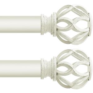 White Decorative Farmhouse Curtain Rods 2 Pack: 18-45" Adjustable Heavy Duty Single Window Curtain Rod for Bedroom Living Room, White Boho Rustic Drapery Rods with Vintage Twist Finial Easy Install