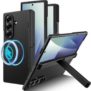 Miimall Magnetic for Samsung Galaxy Z Fold 7 Case with Hinge Protection, Screen Protector & Kickstand, [Compatible with Magsafe] Ultra Slim Thin Rugged Matte Cover for Z7 Fold7 5G Phone Case Black