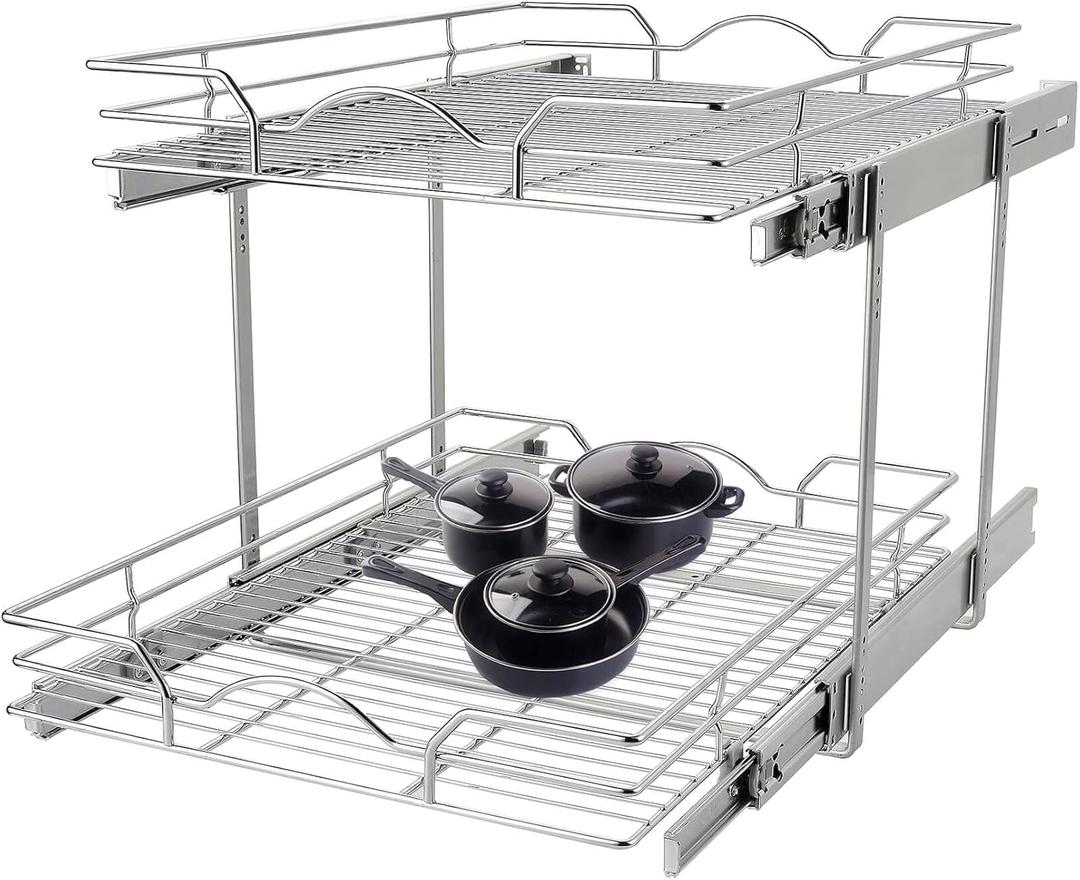 OCG 2 Tier Pull Out Cabinet Organizer (11" W x 21" D), Pull out Drawers for Kitchen Cabinets, Pull Out Shelves for Base Cabinet Organization in Kitchen Bathroom Pantry, Chrome Finish