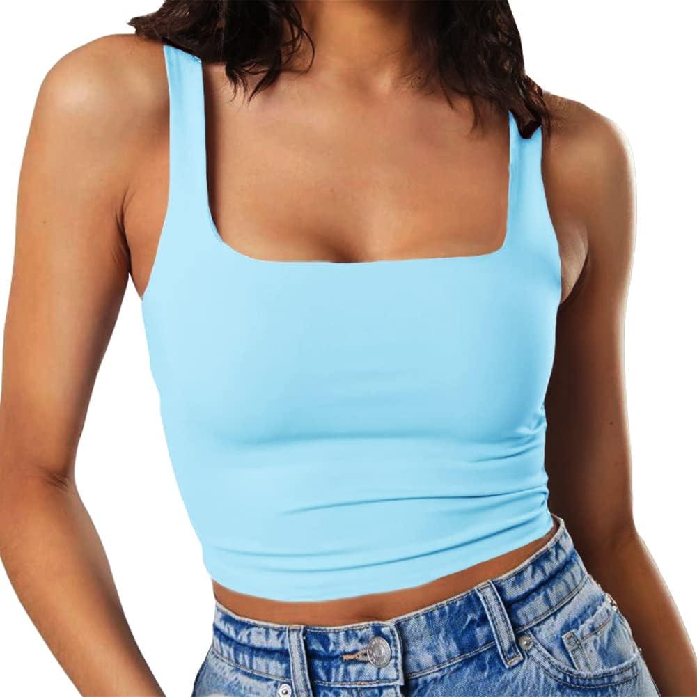Artfish Women's Sleeveless Strappy Tank Square Neck Double Layer Workout Fitness Casual Basic Crop Tops (Light Blue) XS