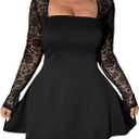 Floerns Women's Plus Size Contrast Lace Sheer Long Sleeve A Line Dress Square Neck Mini Dresses Black XX-Large Plus