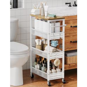Utility Slim Storage Cart, 4-Tier Narrow Bathroom Organizers and Storage Cart, Narrow Metal Kitchen Laundry Room Organization Shelf with Wood Top, Slim Rolling Carts with Wheels for Small Space (Top: 9.1 | Max Width: 10.3, Light White)
