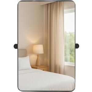 Hamilton Hills 24x36 inch Brushed Black Metal Framed Mirror - Pivot Mirrors for Bathrooms - Rounded Corner Rectangular Frame with Tilt Mirror Brackets - Adjustable and Tilting Farmhouse Wall Vanity