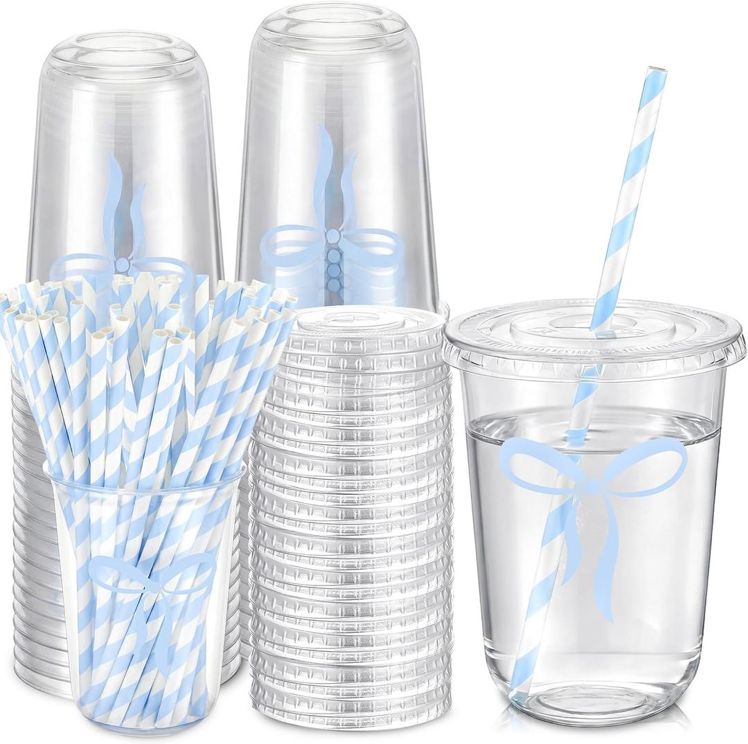 LemonRoad 50sets 16oz Blue Bow Cups Blue Birthday Party Decorations Supplies Cute Plastic Cups Disposable with Lids and Straws, for Valentines Galentines Day Christmas Wedding Baby Shower Decorations