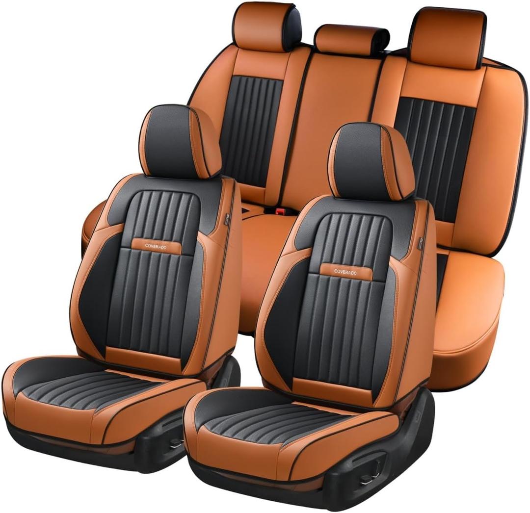 Coverado Car Seat Covers Full Set, Car Seat Protector Car Seat Cushion, Nappa Leather Seat Covers for Cars, Front and Back Seat Protectors Cushions Universal Fit for Most Cars Vehicles (Brown&Black)