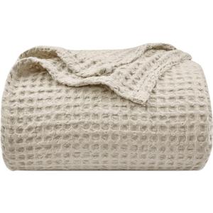 PHF Ultra Soft Waffle Weave Blanket Queen Size 90"x 90"- Washed Lightweight Breathable Cozy Woven Blanket for Bed - Aesthetic Decor for Couch Bedding Sofa Home Car - Light Khaki/ Linen