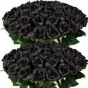 FOTEEWL 60 Pcs Artificial Rose Flower Realistic Faux Silk Roses Stem Fake Roses Bouquet for Flower Arrangement, Wedding Centerpieces, Party, Home Decor, Halloween Decorations (Black)