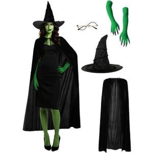 JEGERMIG 4-Piece Witch Costume Accessories Set, Halloween Cosplay Kit with Hat, Green Gloves, Round Glasses, Black Cape