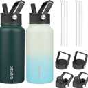 BJPKPK 2 Pack Insulated Water Bottles with Straw Lids, 27oz Stainless Steel Metal Water Bottle with 6 Lids, Leak Proof BPA Free Jugs, Cups, Flasks for Travel, Sports (Army Green+Mint)
