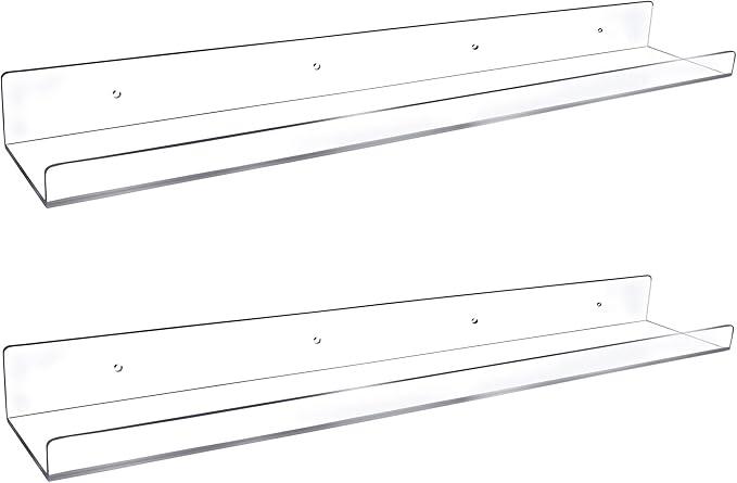 2 Pack 24-Inch Long Clear Acrylic Floating Shelves Wall Ledge Invisible Wall Mounted Floating Bookshelf U Shape Wall Shelf for Book Display Makeup Product Spice Organizer