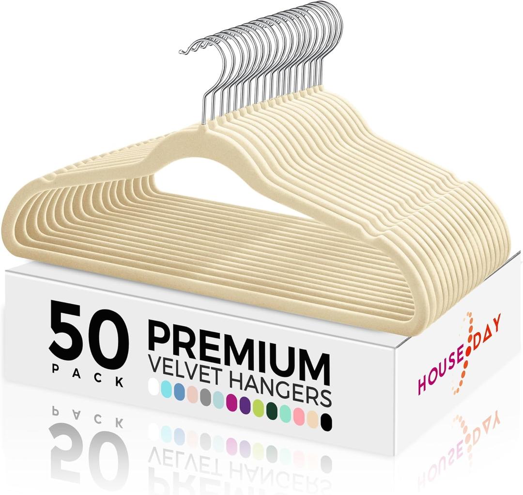 HOUSE DAY Premium Velvet Hangers 50 Pack, Non-Slip Flocked Felt Hangers, Sturdy Clothes Hangers with 360 Rotatable Hook, Heavy Duty Coat Hanger, Durable Slim Beige Hanger for Closet Space Saving