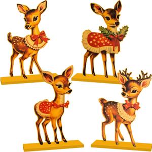 4pcs Vintage Christmas Decorations Table Wooden Centerpieces Christmas Theme Retro Sika Deer Table Decorations Tiered Tray Decor for Winter Holiday Dinner Party Decor