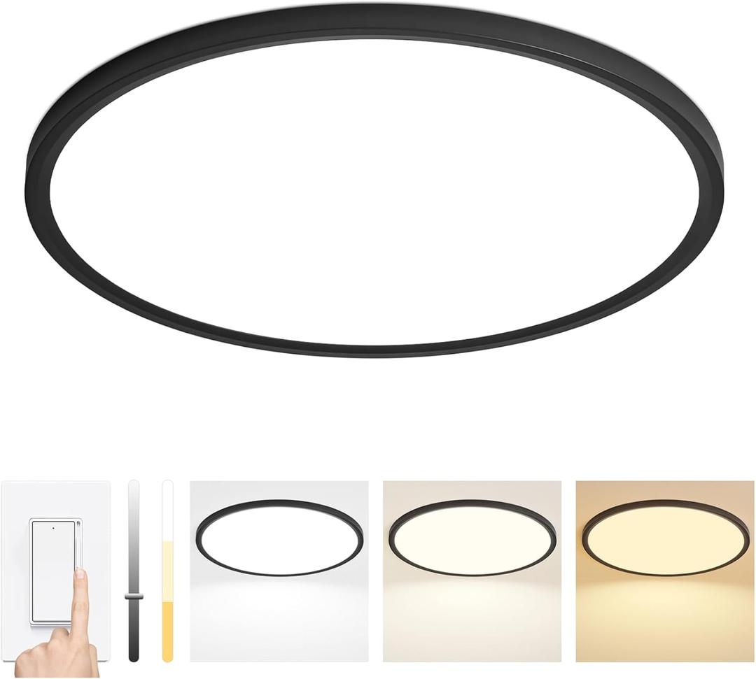 20 Inch LED Flush Mount Ceiling Light Fixture,Dimmable Ultra Thin Round Ceiling Light,40W 4000 Lumens,3 Color Temperatures 3000K 4000K 6000K,Black,for Kitchen Dining Room Bedroom Office