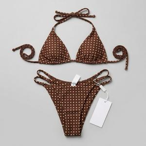 Women's Triangle String Bikini Sets Two Piece Halter Swimsuits Tie Lace Trim Cheeky Bathing Suits Swimwear, XS